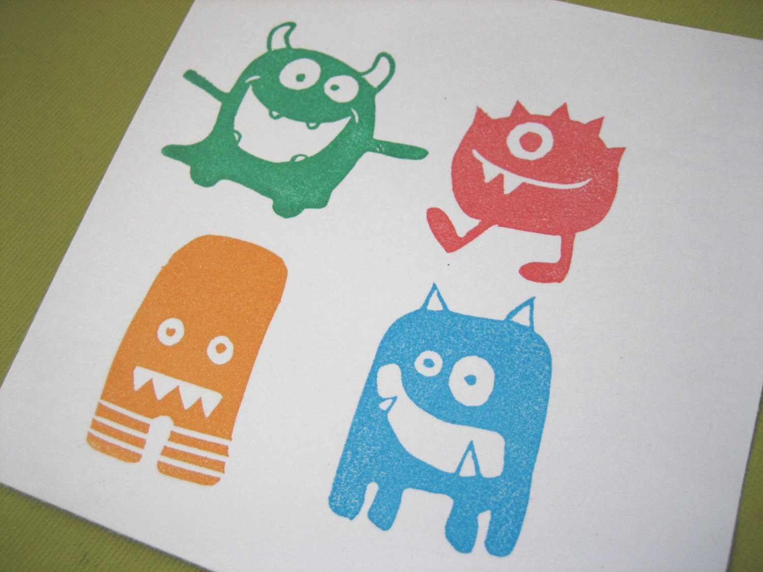 Monster Rubber Stamp Set, Hand Carved Set of Four 4