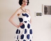 Womens Party dress - White and Blue Polka Dot Prom Dress -size Small