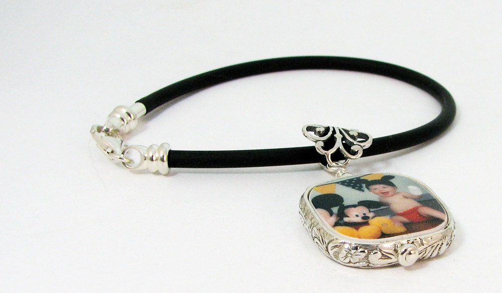 FB21 - Photo Charm Framed in Sterling on a Black Rubber Bracelet - Small Handmade Photo Jewelry