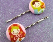 Matryoshka Doll Bobby Pins - Fabric Covered Buttons - New Version