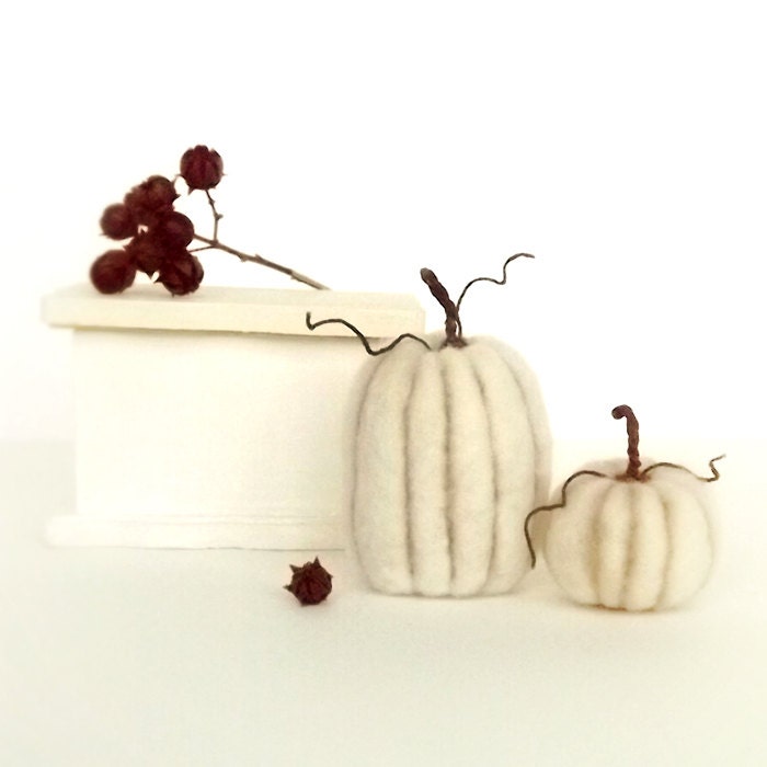 Felted Pumpkin Decor in Cream - Wool Miniatures Made To Order Set of 2