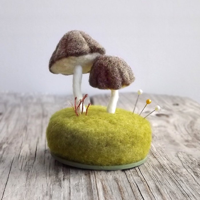 Pincushion Mushrooms in Heather Brown Nature Scene Desk Home Decor Wool Sculpture Made To Order