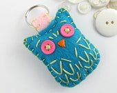 Felt Owl Keychain Teal Lime Pink Embroidery Plush Cute Ready to Ship