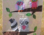 Cute Colorful Owl & Racoons with hearts Baby or Toddler quilt