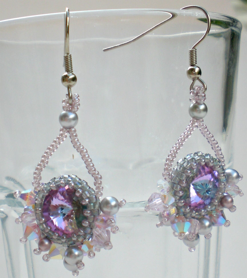 Swarovski Rvoli Crystals Pearls Grey Silver Opal   Earrings Beadwoven Beaded Beadweaving Unique Jewelry