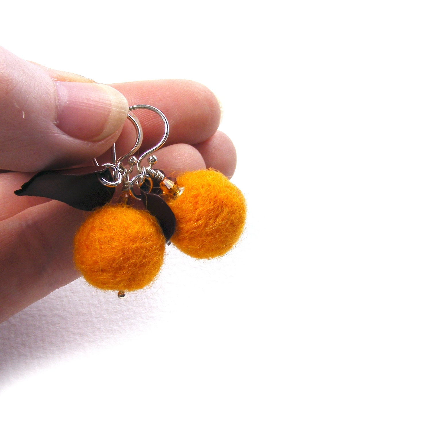 Orange Felt Ball Earrings, Handmade Autumn Orange & Sterling Silver Earrings, Harvest Fall, Brown Leaf Earrings