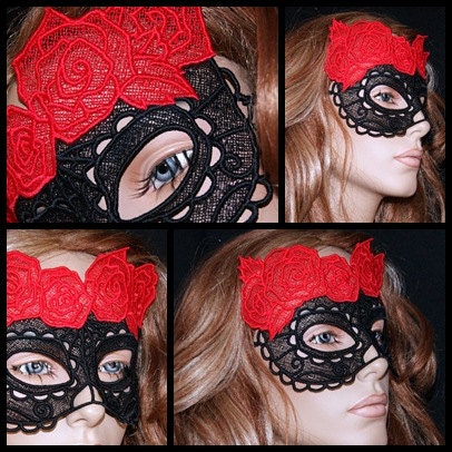 Black Red Floral Lace Masquerade Costume Mask MTCoffinz