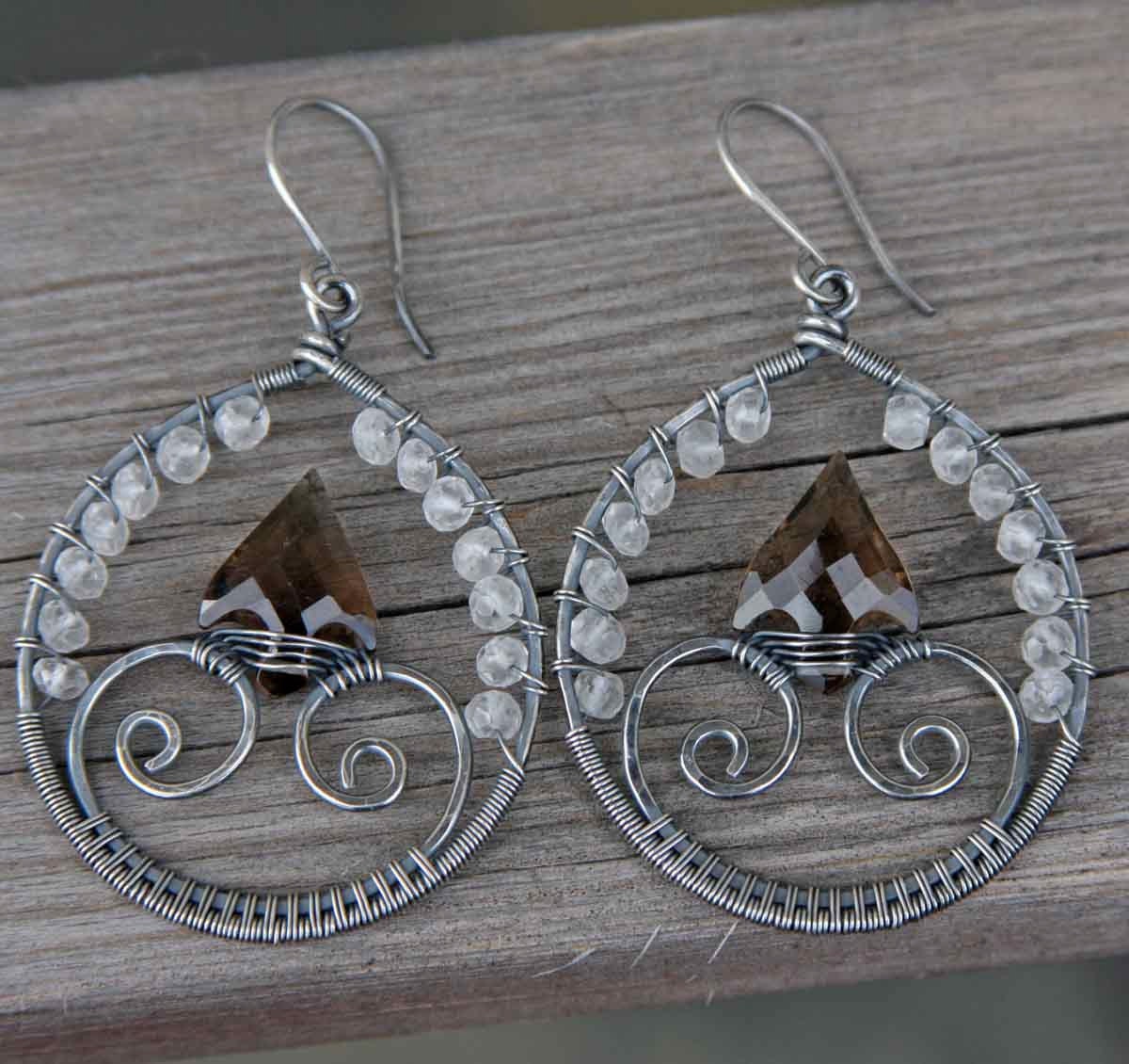 Sterling Silver Crystal and Smoky Quartz Arrowhead Hoops
