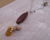 Long Cluster Pendant Necklace. Poppy Jasper Red Tiger Eye Chalcedony Agate. Drop Necklace Matinee Length