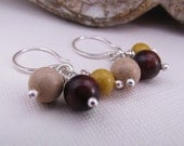 Stone Silver Bead Earrings. Triple Dangle Earrings. Red Tiger Eye Jasper. Brick Red Mustard Yellow Sand