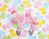 Strawberry Lane - Pink Button Charm Earrings with silver Strawberry Charms