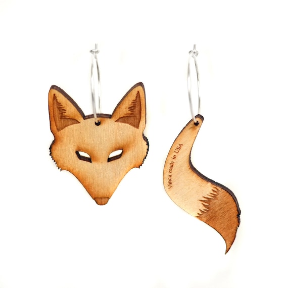 Wooden Fox & Tail Hoop Earrings