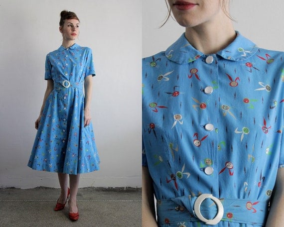 Vintage 50s Dress . Bunny Print . Mid Century Gown . High Fashion . Teal Blue