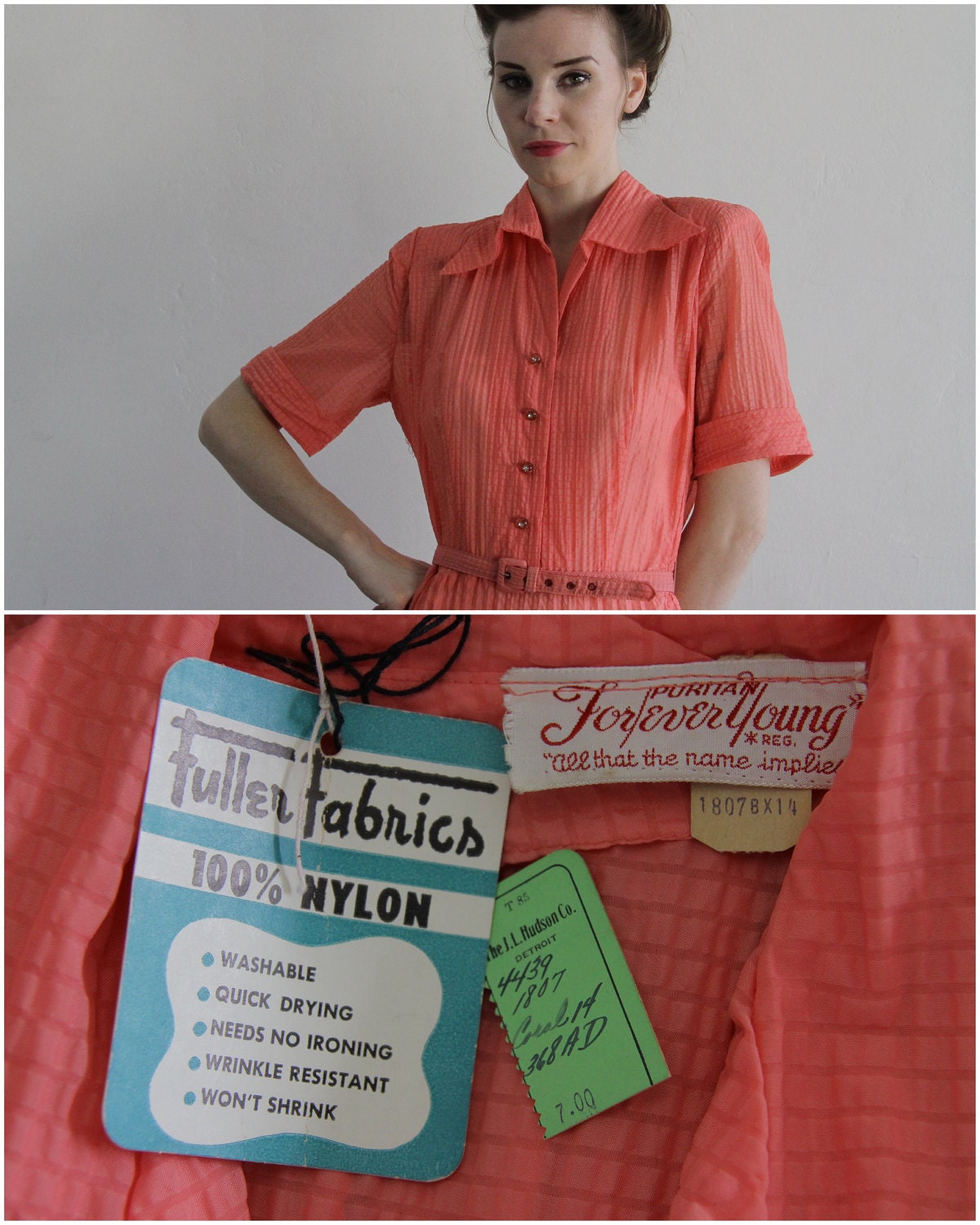 Vintage 40s Dress . NOS . Puritan Forever Young . Sheer Peach . 1940s Gown . Matching Belt . New With Tags