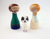 FREE SHIPPING Custom Family of 3 Dolls with a pet - OOAK - Personalized - Wooden hand painted woman man pet lover dog cat couple male