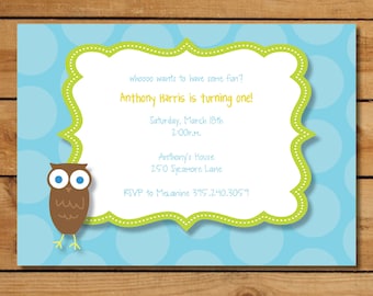 Owl Birthday Invitation - Come Have a Hoot - Custom Printable in Aqua Lime and Brown