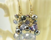 Mystic Blue Quartz and Peacock Pearl Gold Earrings - (A570)