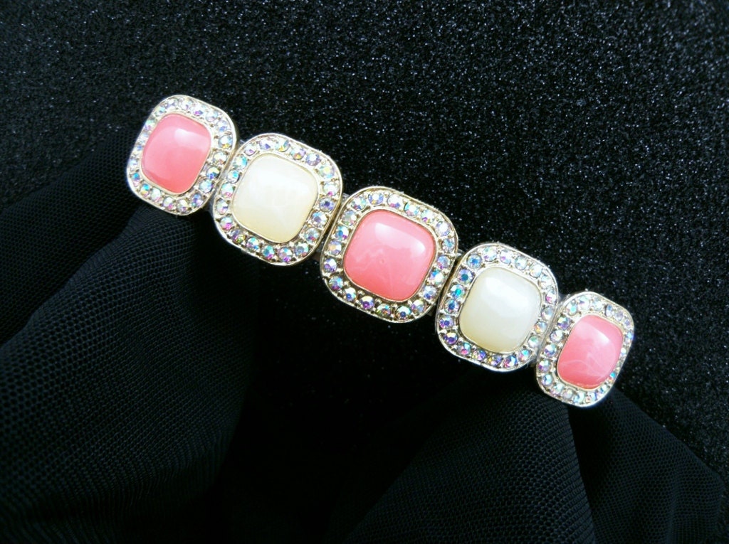 Bridal Hair Barrette Gold Tone AB Rhinestones Coral Pink and Ivory