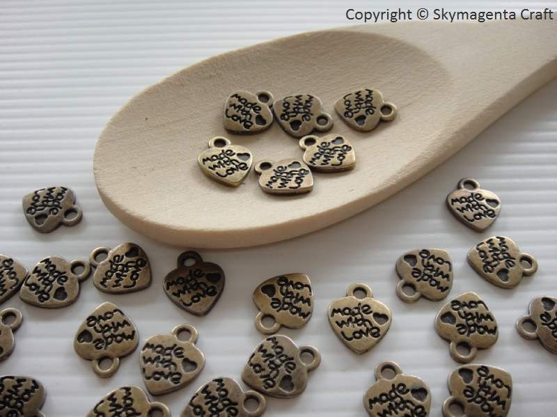 30 pieces Heart Made with Love Charm, Antique Bronze color, 10 mm  x 12.2 mm (00795)
