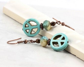 Peace Sign Earrings Turquoise Blue Copper Rustic Fashion Boho Jewelry