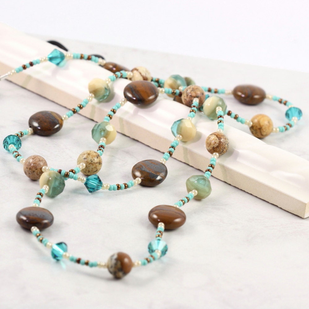 Eyeglass Lanyard Office Fashion Brown Blue Crystal Cream Beaded Gemstone Tiger Iron