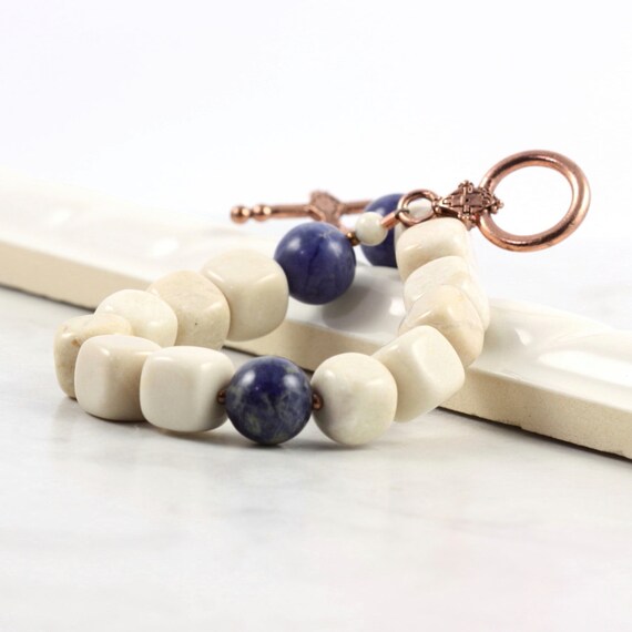 Blue Cream Fall Earth Tones Boho Bracelet Denim Sodalite Gemstone Rustic Woodland Fashion Beige Jewelry Copper Clasp