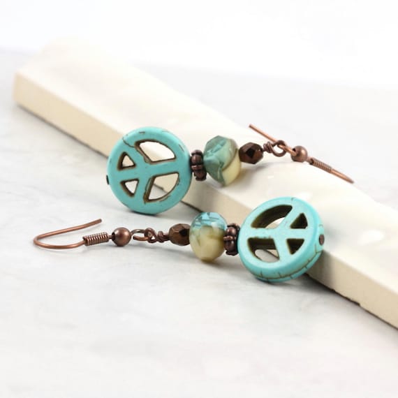 Peace Sign Earrings Turquoise Blue Copper Rustic Fashion Boho Jewelry