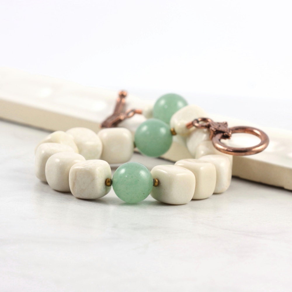 Green Aventurine Boho Bracelet Soft Fall Earth Tones Cream Gemstone Rustic Woodland Fashion Beige Jewelry Copper Clasp