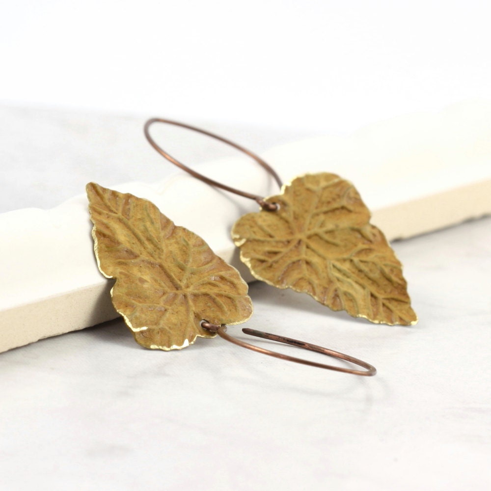 Honey Gold Leaf Earrings Rustic Brass Patina Handmade Copper Ear Wires Woodland Jewelry