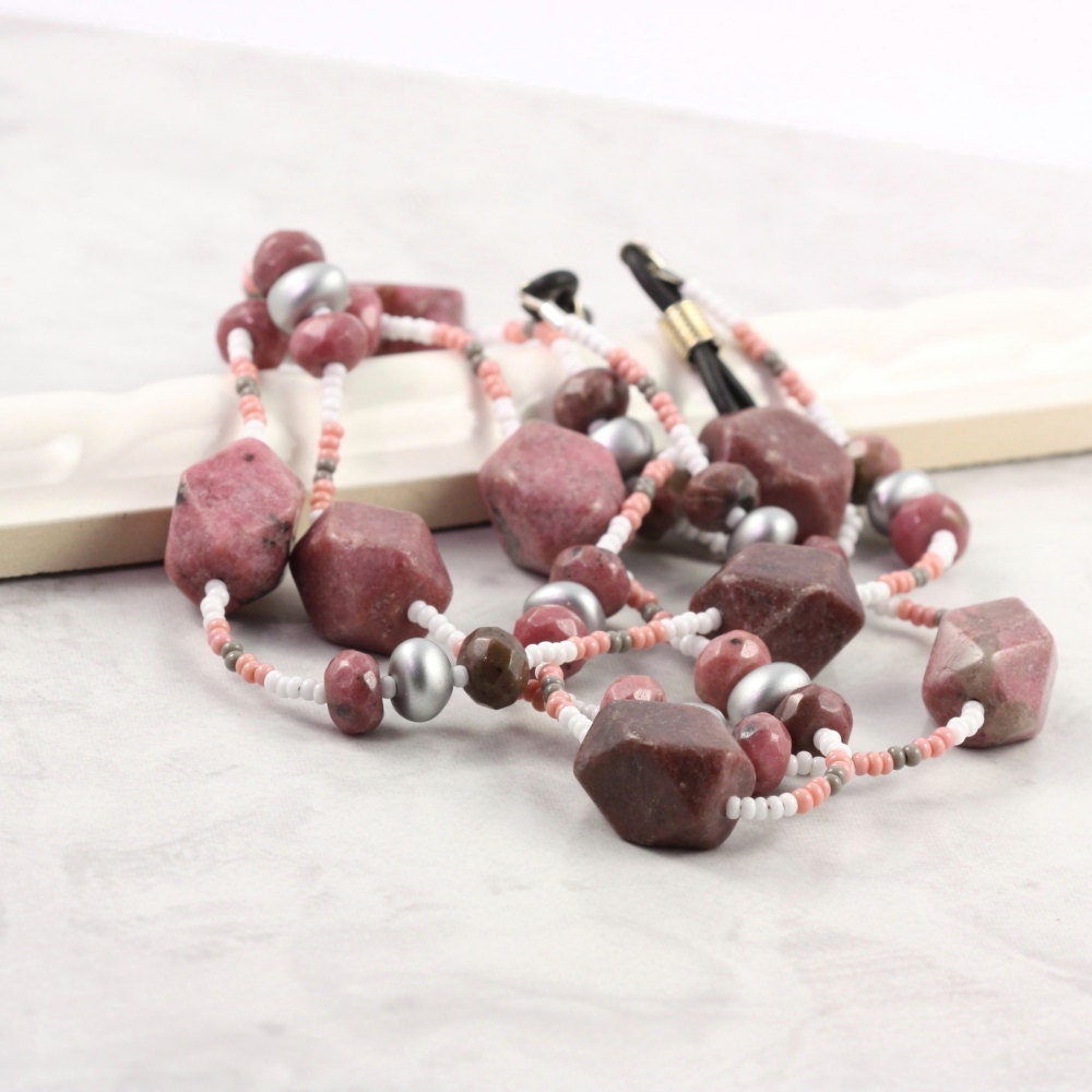Pink Gray Eyeglass Holder Mauve Rhodonite Gemstone Beaded Office Fashion Chunky