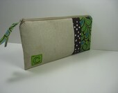 Personalized, Initialed  zipper pouch, iphone wallet, Made To Order - Greens and Brown