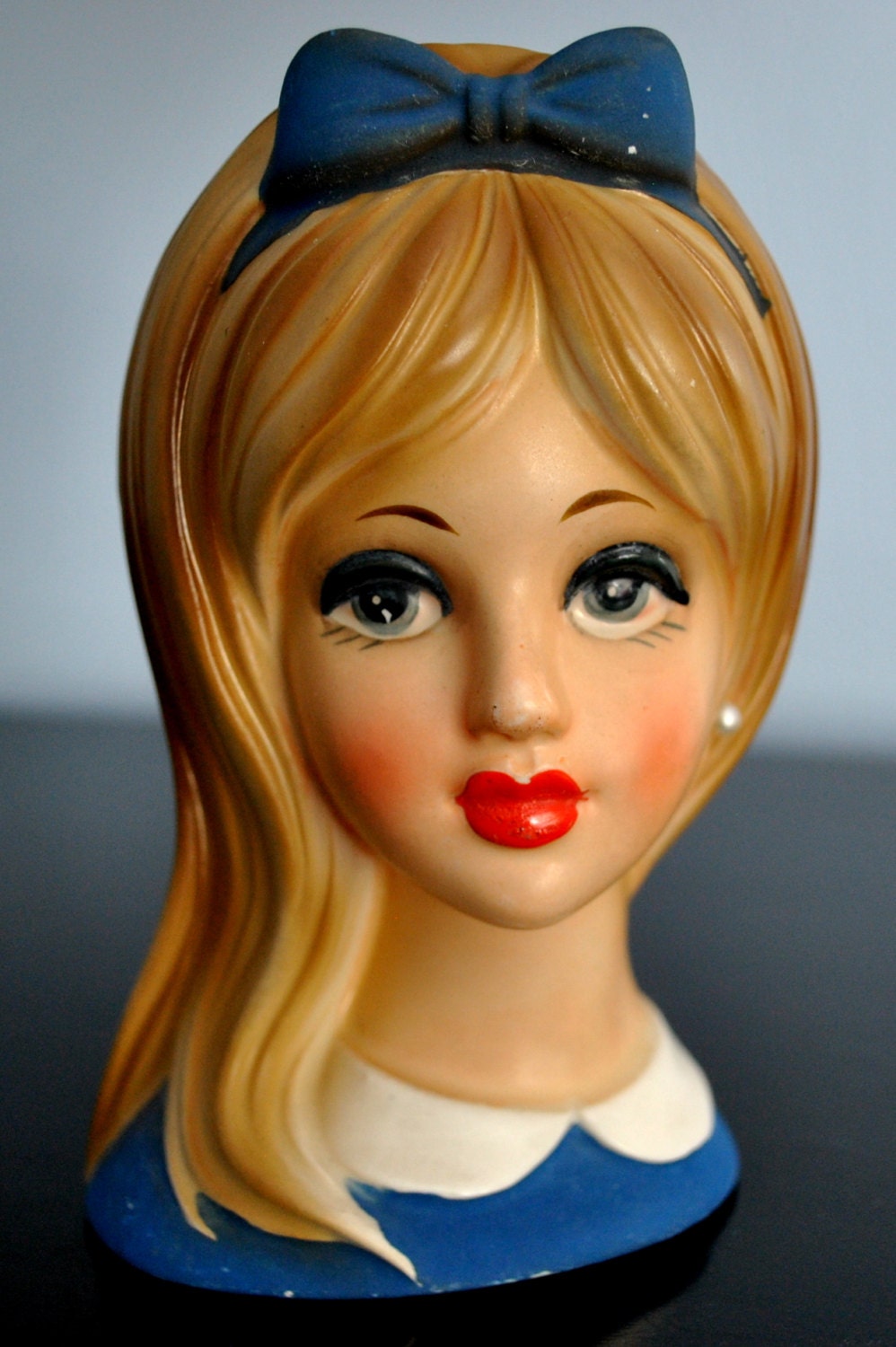Vintage Napco Teen Head Vase with Long Hair and Blue Bow