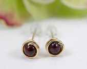 Tiny garnet post earrings gold filled wire wrapped deep red mini