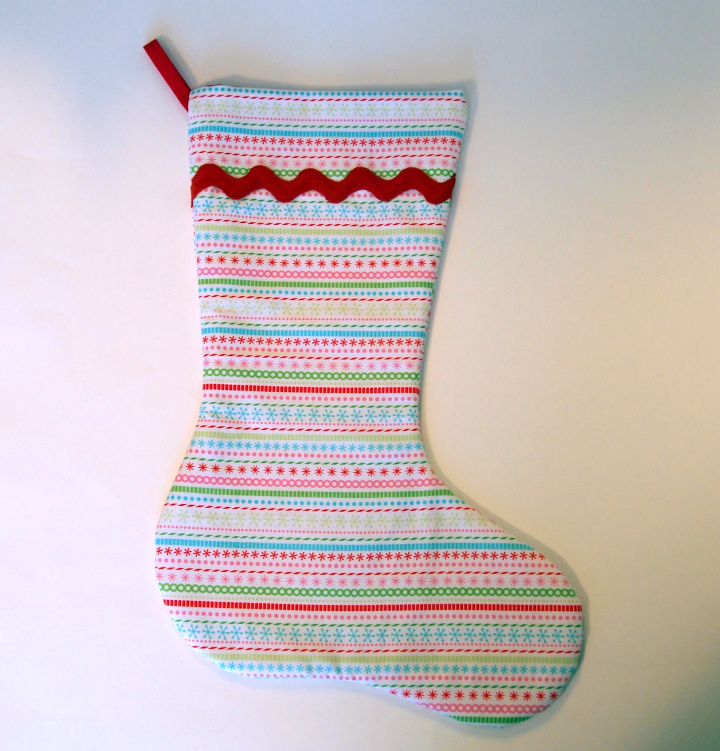 Colorful Striped Modern Christmas Stocking with Red Lining