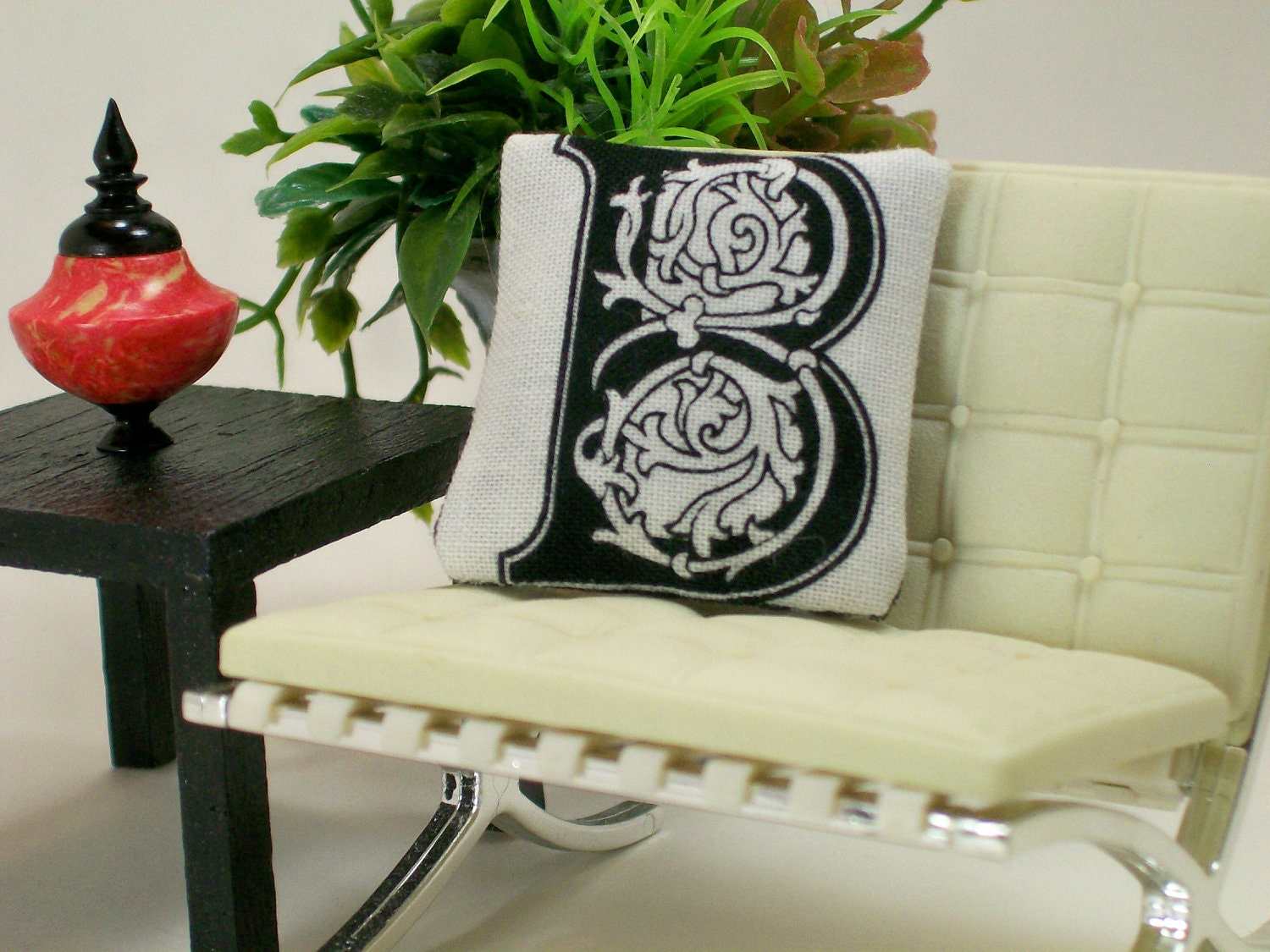 Dollhouse Miniature Pillow Cushion Monogram Letter B Art Nouveau Black White One Inch Scale