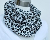 light - circle INFINITY SCARF- light white and black and grey prints- cotton gauze.