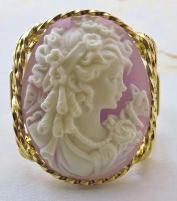 R271 Grecian Goddess Cameo Ring 14k gf Gold Lavender Artisanal Jewelry
