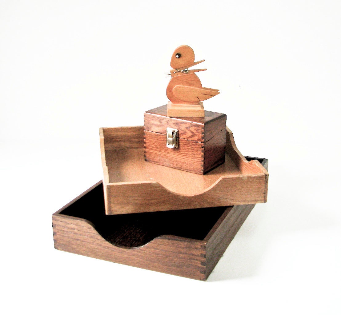 2 Vintage Wood File Boxes -  Wood Index Box - Wood Bird Paper Holder - Instant Office