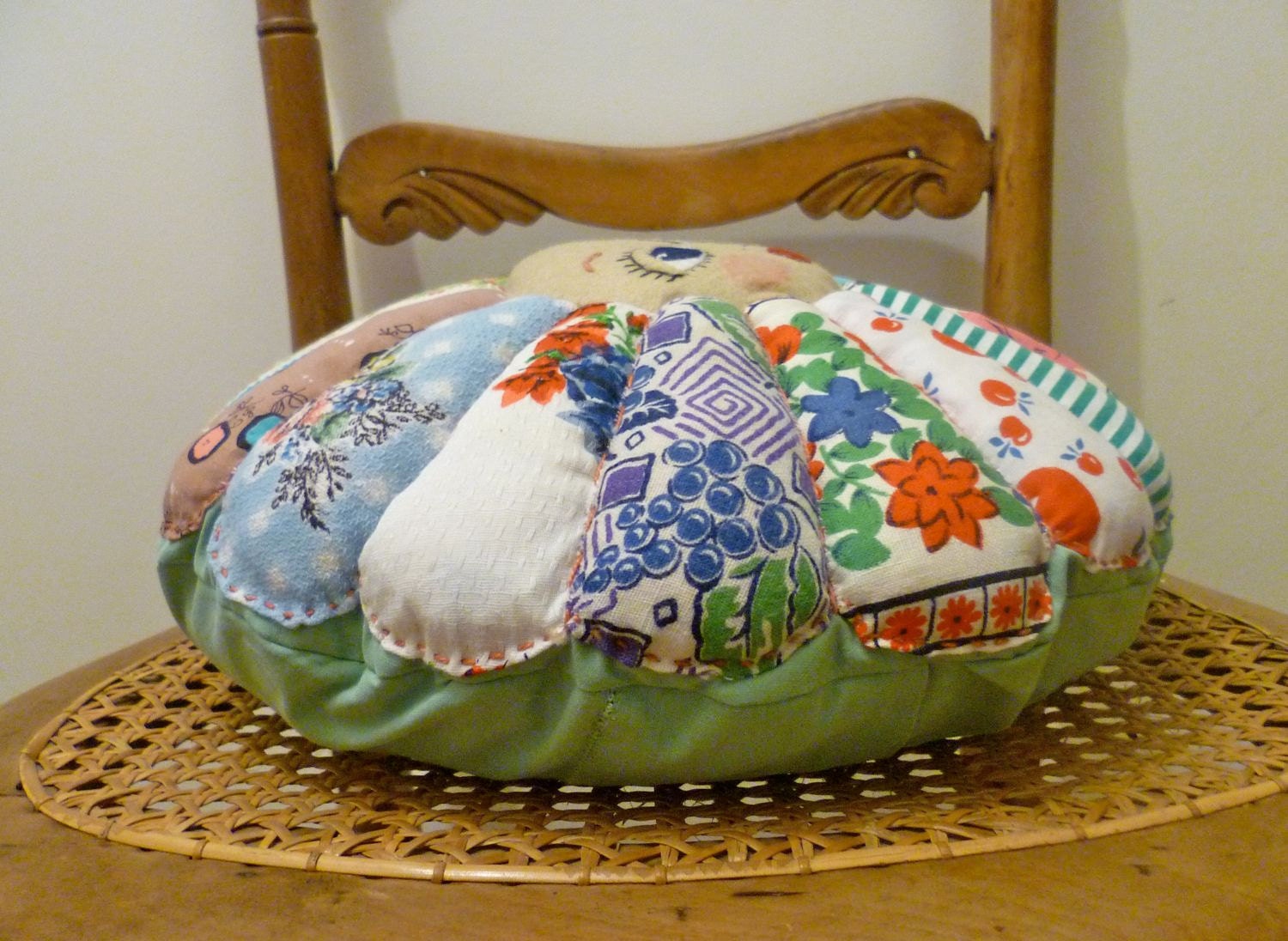 Summer Flower Doll Face - Vintage Cottons Patchwork Cushion Pillow