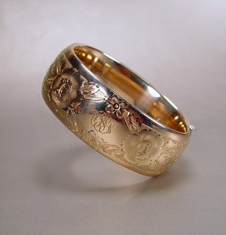 Antique Victorian Gold Filled Bangle Bracelet Wide Engraved Vintage 1900s Jewelry