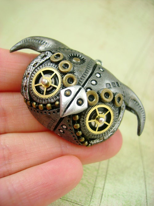Little MechOwlie Face - Industrial Steampunk Polymer Clay Owl - Pendant / Necklace