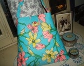 Vintage 1970s polyester bright floral purse turquoise yellow pink