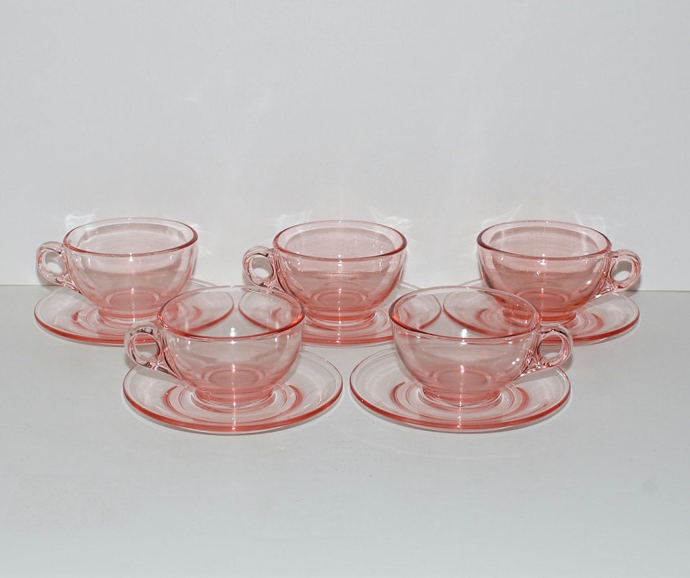 Vintage Pink Glass Tea or Coffee Cups and Saucers, Set of 5