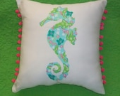 Made to Order pillow, New custom SEAHORSE Pillow made with Lilly Pulitzer Turquoise Alberta Gator fabric