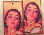 Vintage Mexican Calendar Girl Earrings - w/Yellow Hat