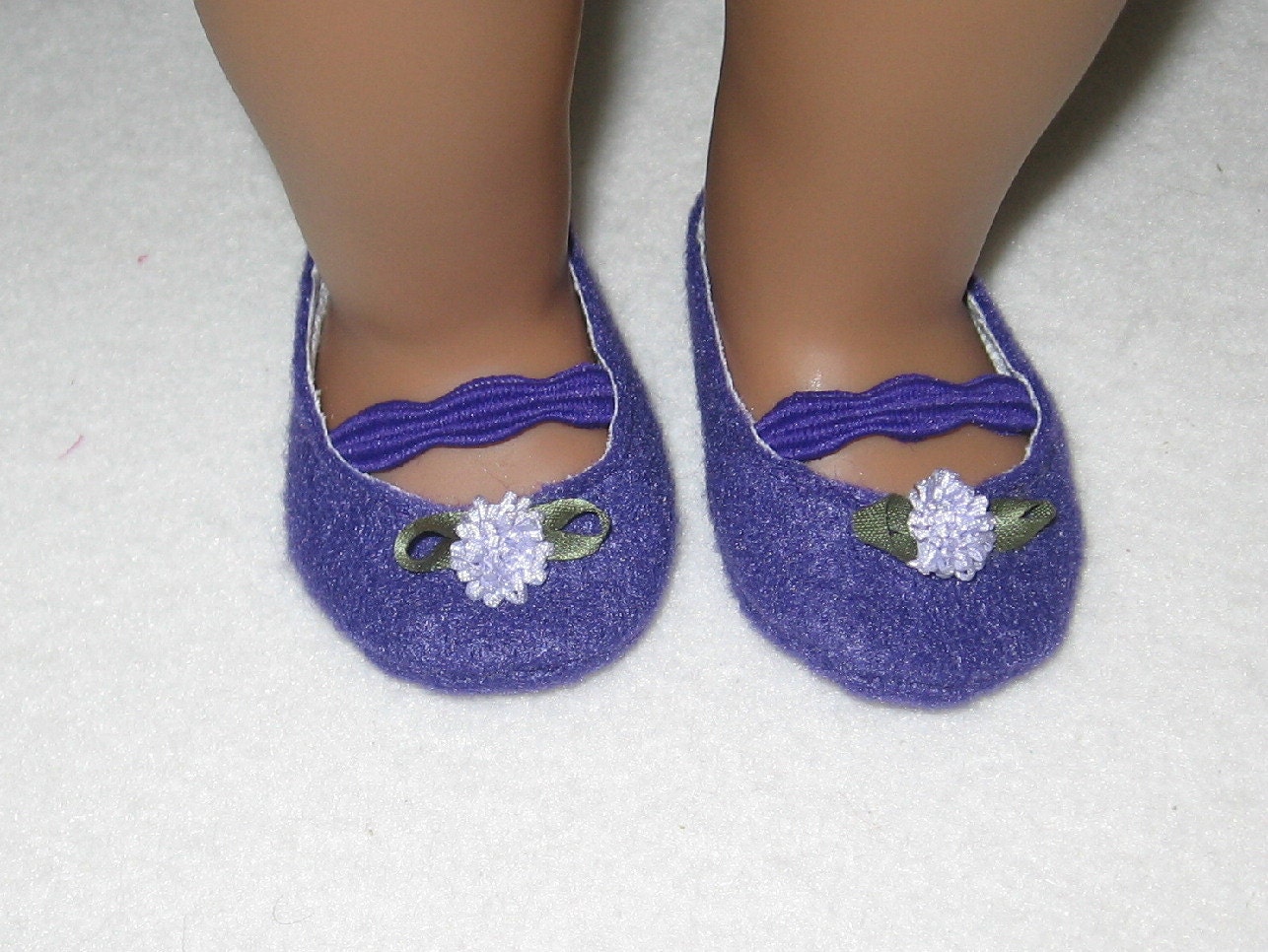 American Girl Doll Size Purple Shoes with flower trim and Shoebox