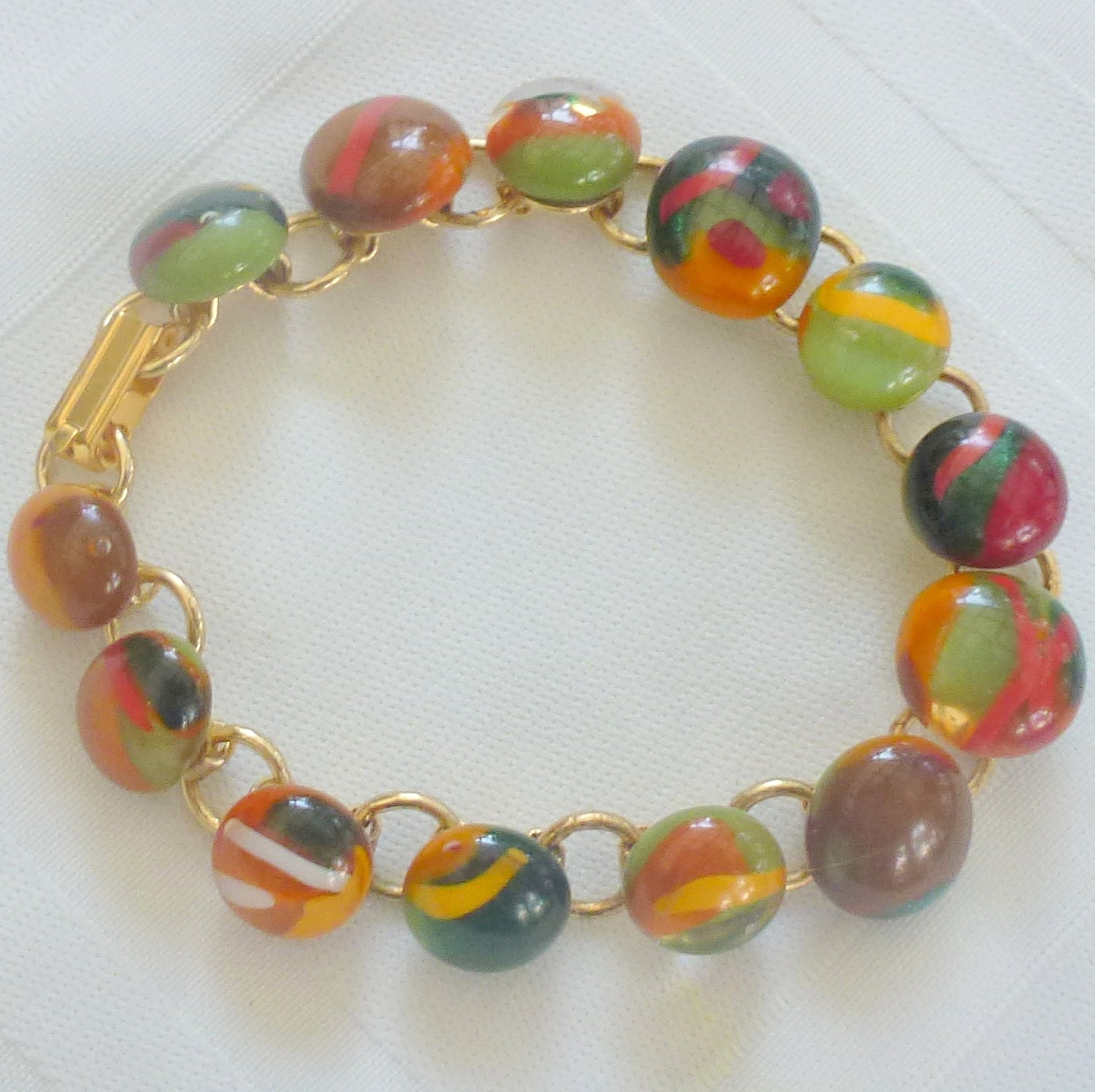 Fused Glass Bracelet  - fall colors, autumn // green, brown, burn orange, gold, dark red glass // autumn bracelet