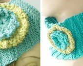 Flower  Neck Warmer, Knit Head Wrap, Ear Warmer,  Ear Muffs, Pony Tail Hat, Hand Knit Cotton,  Turquoise Chartreuse Head Band
