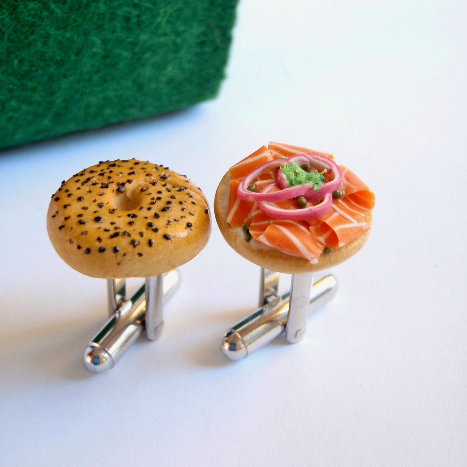 Poppy Seed Lox Bagel Cufflinks - Miniature Food Art Jewelry Collectable - Schickie Mickie Original 100% Handmade