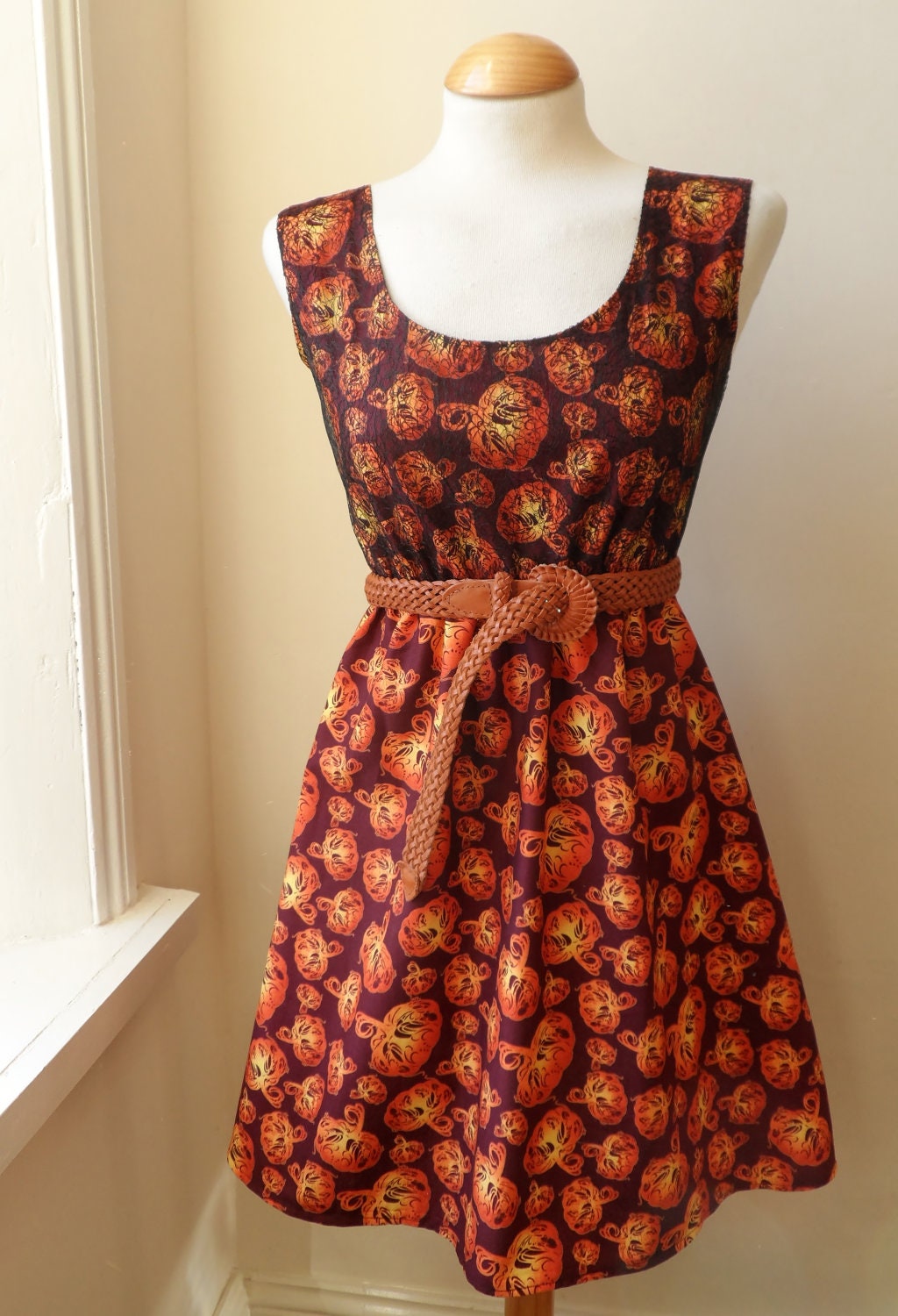 Halloween Party Dress Dark Red Burgandy and Orange Pumpkin Black Cobweb Lace Dress L